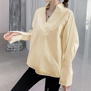 Coreea de Epocă Elegant, Confort Tricouri Largi Toamna Cusatura Solid V-neck Alb Bluze Femei Butonul Split Cămașă cu mâneci Lungi 17165 