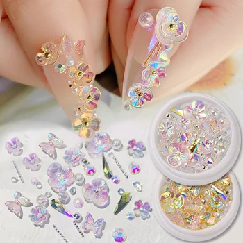 Colorate AB Floare de Cristal Fluture Decoratiuni de Arta Unghiilor se Amestecă Nituri Metalice Perle Holografic DIY Unghii Strasuri Accesorii 