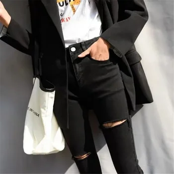 Gotic Talie Înaltă, Buzunare Rupt Gaura Creion Blugi Stretch Negru Streetwear Femei Classic Denim Pantaloni Slim Skinny Pantaloni Coreeană 