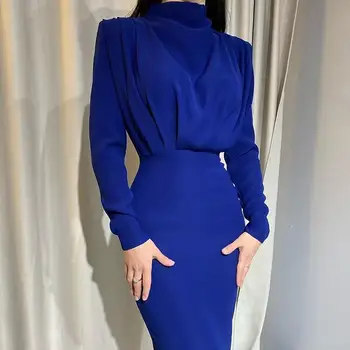 Modă și Elegant Doamnelor Rochie Stand de Guler se potrivesc Slim Fit Albastru Pur Glezna Toamnă Lungă Maneca Lunga Casual, Rochie de Petrecere 2021 Moda 