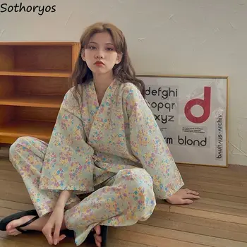 Stil japonez Seturi de Pijama Femei Vrac Confortabil Florale Bandaj V-gât Topuri Full Lungime Pantaloni Dulce Sleepwear Femenino Salon Trendy 
