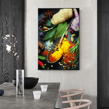 Boabe de Condimente Lingura Ardei Pictura pe Panza, Postere si Printuri de Bucătărie Cameră de Arta de Perete Cuadros Imagini pentru Decor Acasă