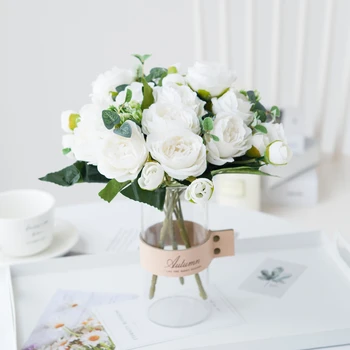 9 Capete de Flori Artificiale Bujor Alb Ceai de Trandafiri de Toamnă Mătase Vaza pentru DIY Home Garden Decor Nunta Fals Plante