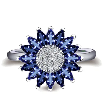 Retro Forma de Floarea-soarelui Inele pentru Femei Blue Zircon Bijuterii Inel Argintiu Mireasa Nunta Clasic de Logodna Bijuterii Burghiu Plin de Inel 
