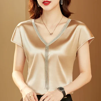 V-neck Ciucure Satin cu Maneci Liliac Femei Bluza pentru Femei Topuri Doamnă Birou de Mătase Moda Noua Solide în Vrac Plus Dimensiune Bluza Blusas 15494 