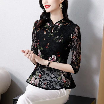 Primavara toamna femei topuri casual de flori dantelă camasi femei, bluze elegante, arcuri tubulare cheongsam tricou stil Chinezesc Doamna Îmbrăcăminte 