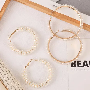 Geometrie exagerat cercei cu perle de mână-țesute simplu, cercei personalizate cercei bijuterii hoop cercei pentru femei 