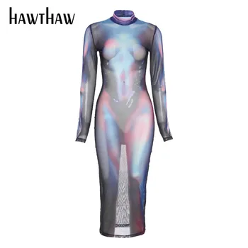 Hawthaw Femei De Moda Toamna Iarna Cu Maneci Lungi Imprimate Plasă Vedea Prin Rochie Midi Bodycon 2021 Toamna Haine En-Gros Articole