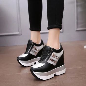 2019 Femei de Moda de Înaltă Platforma Pantofi Casual Înălțime Increasi piele Pantofi de 12 CM Grosime Unic Formatori Lady Pantofi Adidași Alb 