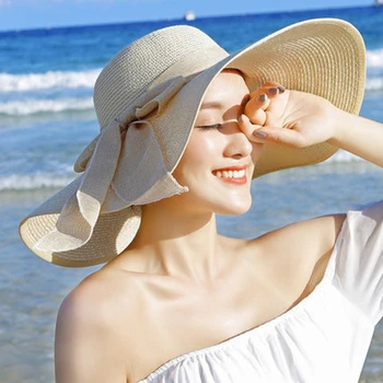 Vara, Mare Pălărie De Paie Floppy Margine Largă De Soare Capac Bowknot Plaja Pliabil Noi