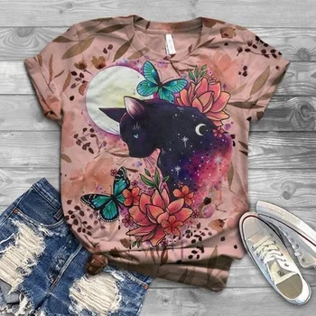 Tricou Femei De Moda De Vară Confortabil Pisica Drăguț Print Cu Maneci Scurte Rotund Gat T-Shirt Casual Streetwear Supradimensionat Femei Top Tricouri 