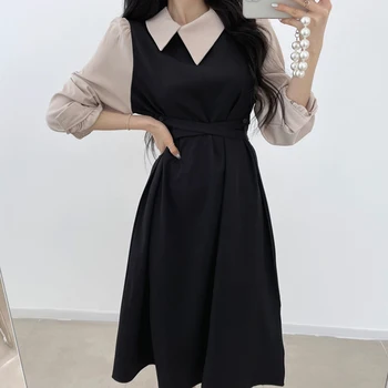 Kimotimo Bodaycon Rochie pentru Femei-coreean Chic Elegant Neregulate Guler de Turn-down Mozaic de Toamnă Talie Puff Maneca Rochii 