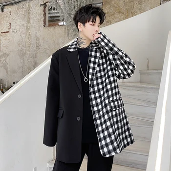 Alb-Negru Carouri Îmbinare Sacouri Bărbați-Coreean Streetwear Moda Chic Liber Casual Sacou Blazer Masculin Costum Haina De Om 