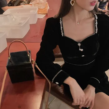 2021 Toamna Vintage Din Catifea Neagra Rochie Midi Femei Casual Cu Maneca Lunga Eleganta De Seara Rochie De Partid De Sex Feminin-O Singură Bucată Rochie Coreeană 