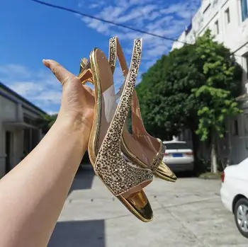 Femeie de Aur Stras Bling Bling Sandale Sandale 8 cm 10 cm 12 cm Stilet Tocuri Peep Toe Alunecare Pe Sandale de Mireasa Pantofi 
