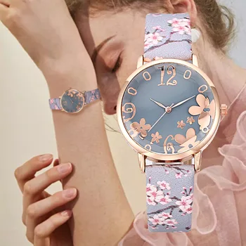 Moda de Lux Doamnelor Cuarț Ceasuri Florale din Piele Brățară Dungă Dial Ceasuri pentru Femei Rochie Elegantă Ceas Reloj Mujer 