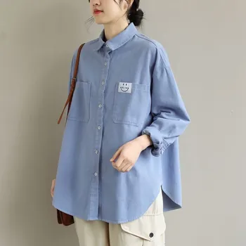 Supradimensionate Femei Din Bumbac Tricouri Casual Nou 2021 Primăvară Simplu Stil Culoare Solidă Vrac De Sex Feminin Lungă Maneca Cămașă Îmbrăcăminte Exterioară S3658 