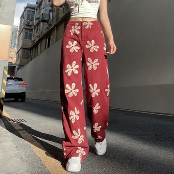 HEYounGIRL Print Floral Largi Liber Casual Femei Blugi Harajuku Hip-Hop De Talie Mare Denim Pantaloni Capri Coreeană De Moda Pantaloni De Trening 