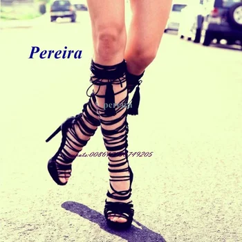 Pereira Toc Stiletto Negru Strappy Sandale pentru fete Sexy sandale Platforma Fringe Sandale Cizme cu Fermoar Taie Pantofi de Vara 