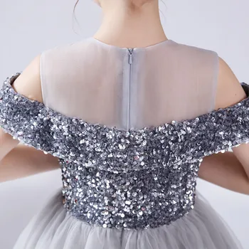 Fete Mult Formală Concurs De Petrecere Princess Dress De Pe Umăr Maneca Gri Argintiu Paiete De Craciun Petrecere De Nunta Elegant 