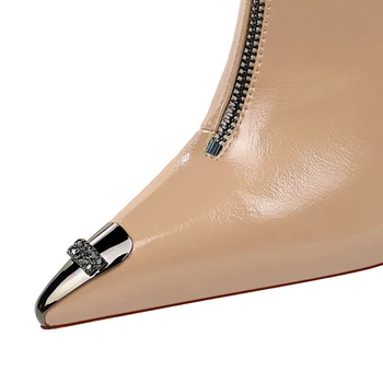 BIGTREE Pantofi Femei Cizme din Piele de Metal Toc Glezna Cizme Tocuri inalte cu Fermoar Frontală Catarama Cizme Scurte de Toamna Iarna Pantofi Stiletto 