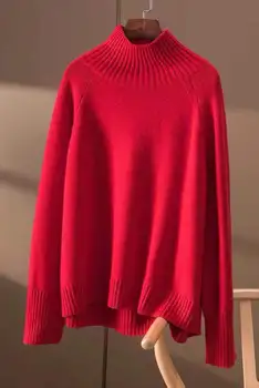 Lână pură doamnelor pulover tricotate casual plus dimensiune bluza de toamna / iarna îngroșarea femei pe jumătate gât înalt puloverul de cașmir 