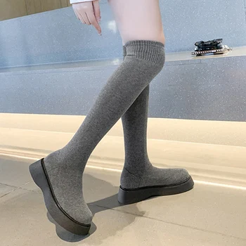 Rimocy 2021 Femei Platforma Peste Genunchi Cizme Stretch Neagră Șosete Tricotate Cizme Lungi de Alunecare Femeie pe Fund Gros Pantofi Doamnelor