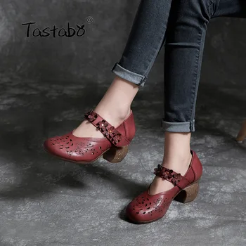 Tastabo Piele naturala pantofi pentru Femei Aplicatii cu toc design Simplu stil casual negru Rosu S19067 Sălbatice pantofi casual Non-alunecare 