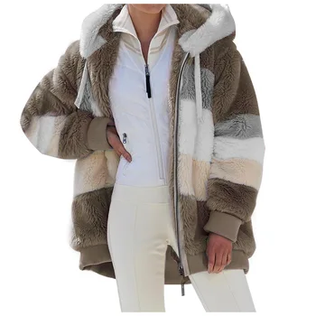 Jachete De Iarnă Pentru Femei Haina 2021 Moda Casual Cu Dungi Cu Fermoar Liber Miel De Păr Zip Up Faux Blana Caldă Paltoane Cu Gluga Jacheta