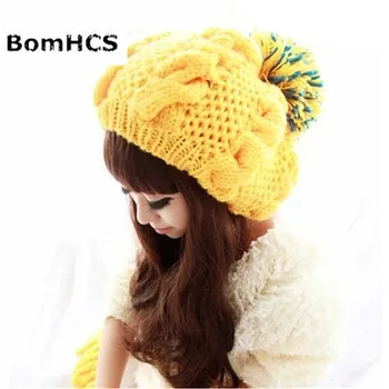 BomHCS Galben Paisley Răsucite Flori De Iarnă Caldă De Lână Femei Lucrate Manual Knit Beanie Hat Capac