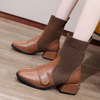Toamna Rochie Nouă Britanic Pantofi Tricotate Șosete Botine cu Toc mic de Epocă Glezna Cizme pentru Femei 2022 Cizme pentru Femei