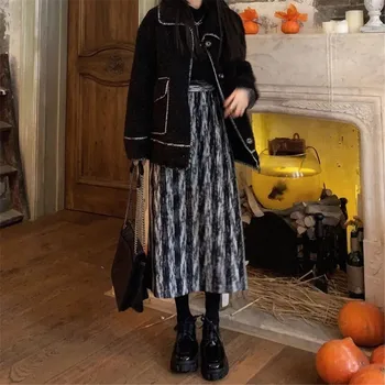 Vintage Gotic Negru Split cu Dungi Lână Fusta a-Line Femei pe Mijlocul Lungimii Toamna Iarna Înaltă Talie Fusta Lunga Eleganta Studenți 