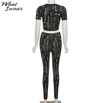 Whatiwear Unic Gaura Design Solid Două Bucata Set Pentru Femei Maneci Scurte O-Neck Top+Elastic Talie Pantaloni High Street Costume De Potrivire