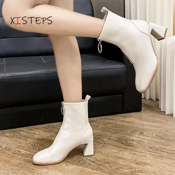 Femeie Elegant Cizme de Deget de la picior Pătrat Botine din Piele 7 cm Tocuri inalte Pantofi de Iarna pentru Femei Cizme Glezna Negru Bej Botas Mujer 2020 