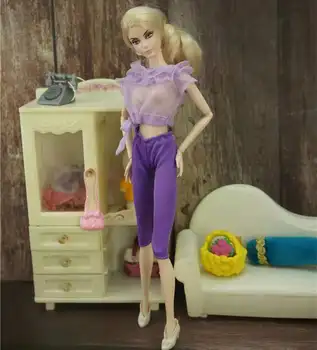 Fermecător a se Vedea-printr-Tricou Violet Top Trunchiate pantaloni Pantaloni Set Haine pentru Barbie Haine Kurhn Îmbrăcăminte 1/6 Papusi Accesorii 