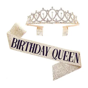 Ziua de naștere Fată Eșarfă de Cristal Stras Tiara Coroana de Aur a Crescut de Ziua Reginei Sclipici Cercevea pentru Petrecere Decoratiuni 