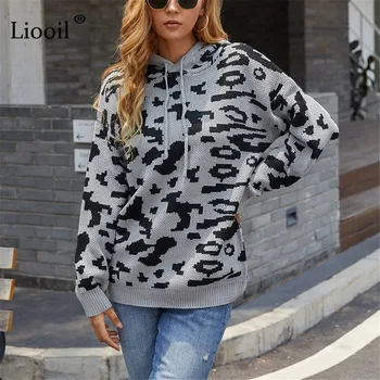 Leopard De Imprimare Pulover Hoodies Cordon Jachete Largi, Cu Maneci Lungi Gros De Iarna Tricotate Pulovere Pentru Streetwear Femei 2021 
