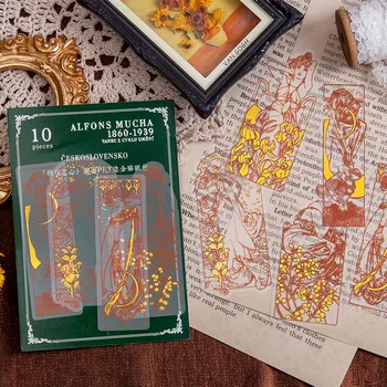 10 Buc Retro Alfons Mucha Decorative din PVC de Aur Autocolante Scrapbooking Diy Eticheta Jurnal de Papetărie Album Jurnalul Planificator de Epocă 