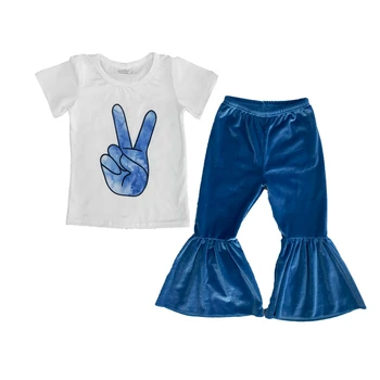 En-gros de Moda pentru Copii Tinutele de Vara de Înaltă Calitate Fata Top Negru și Albastru Clopote Mici de Catifea Pantaloni Set 