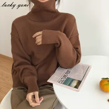Yoni Supradimensionate Guler Pulover Tricotate Femei 2021 Toamna Iarna Casual Bază Solidă Pulovere De Moda De Sex Feminin Topuri Simple 