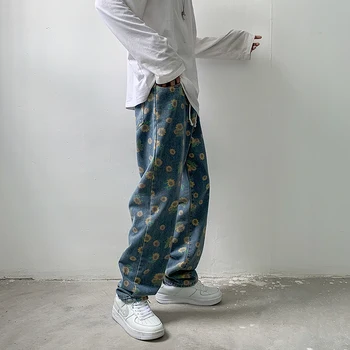 Barbati Jeans Floral Imprimat Cordon Lung Denim Conceput Pantaloni Lungi Hip Hop Stil Coreean Tendințe De Petrecere A Timpului Liber În Vrac Frumos