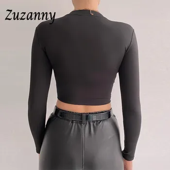 Zuzanny Guler Verde Womens T Shirt 2022 Primăvară Solidă Bază Sexy Trunchiate Maneca Lunga Slim Topuri Casual Negru 