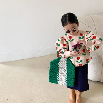 Coreea de Îmbrăcăminte pentru Copii pentru Toamna și Iarna 2021 Noi Fete Imprimate Florale Puff Maneca Lunga Plus Vrac Catifea Căptușit Pulover