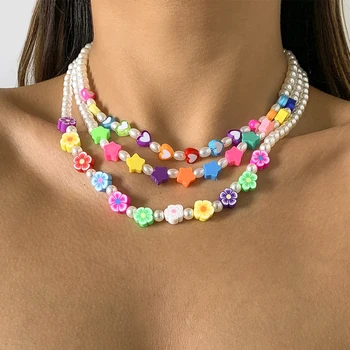 Lacteo Y2K Rășină Floare Inima Forma de Stea Acrilice Cravată Colier Bijuterii Pentru Femei Boem Imitații de Perle Lanț de Șirag de mărgele Colier 