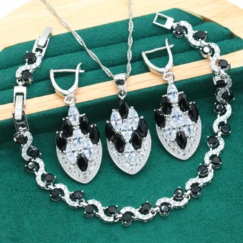 Negru Alb Zircon Mireasa de Culoare Argintie Set de Bijuterii pentru Femei de Mireasa Bratara Cercei Colier Pandantiv Cadou de Crăciun Dubai