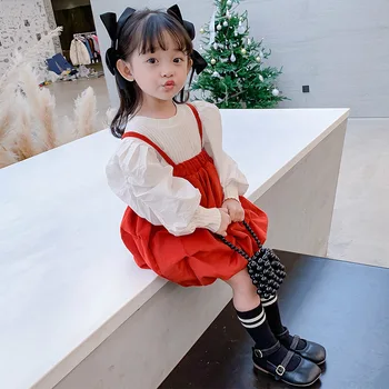 Copii Drăguț Alb Puff Sleeve T-shirt Cu Sling Red Bud Fusta 2 Bucata Haine Copii 2-6 Ani Fete de Moda coreeană Haine Set 