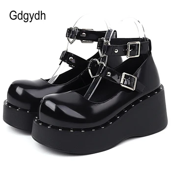 Gdgydh Stilul Punk Inima Cataramă Pantofi Mary Jane Pentru Femei Harajuku Gotic Întuneric Negru Platforma Pompe Tocuri Pană Confortabil De Mers Pe Jos 
