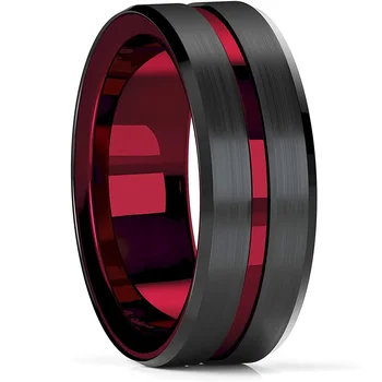 Moda 8mm Rosu Groove Margine Teșite Negru Tungsten Inel de Nunta Pentru Barbati Negru Periat din Oțel Inel de Logodna Bărbați Trupa de Nunta