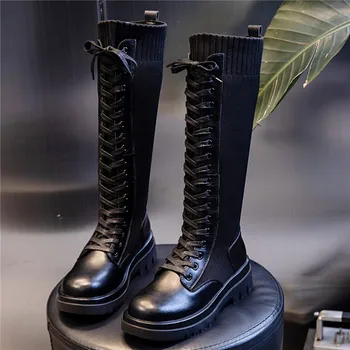 Cizme de Toamna Noi 2021 Iarna Stil Britanic din Piele Tub Lung Peste Genunchi Șosete Cizme de Înaltă Elastic Platforma Casual Pantofi pentru Femei 
