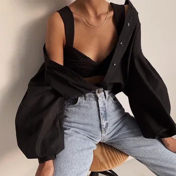 Femeile Lantern Maneca Camasa Eleganta Alb-Negru Sexy Butonul Bluza Vintage Rândul Său, În Jos Guler Birou Doamnelor Tricou Femei Top Casual 